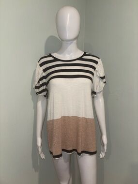 LuLaRoe Olive Tulip Sleeve Striped Top in White, Black, and Tan - M